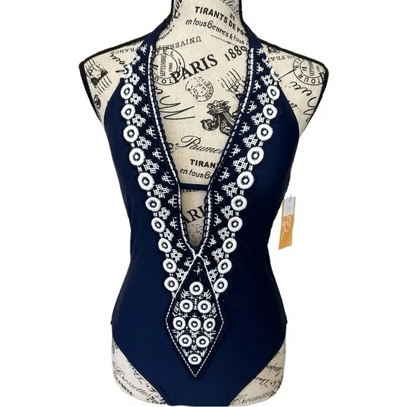 Kona Sol Navy Blue Crochet Necklace Coverage One Piece Swimsuit NEW - Picture 3 of 8